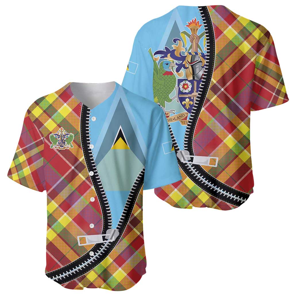Saint Lucia Creole Day Baseball Jersey Madras Pattern Zipper Stylized - Wonder Print Shop