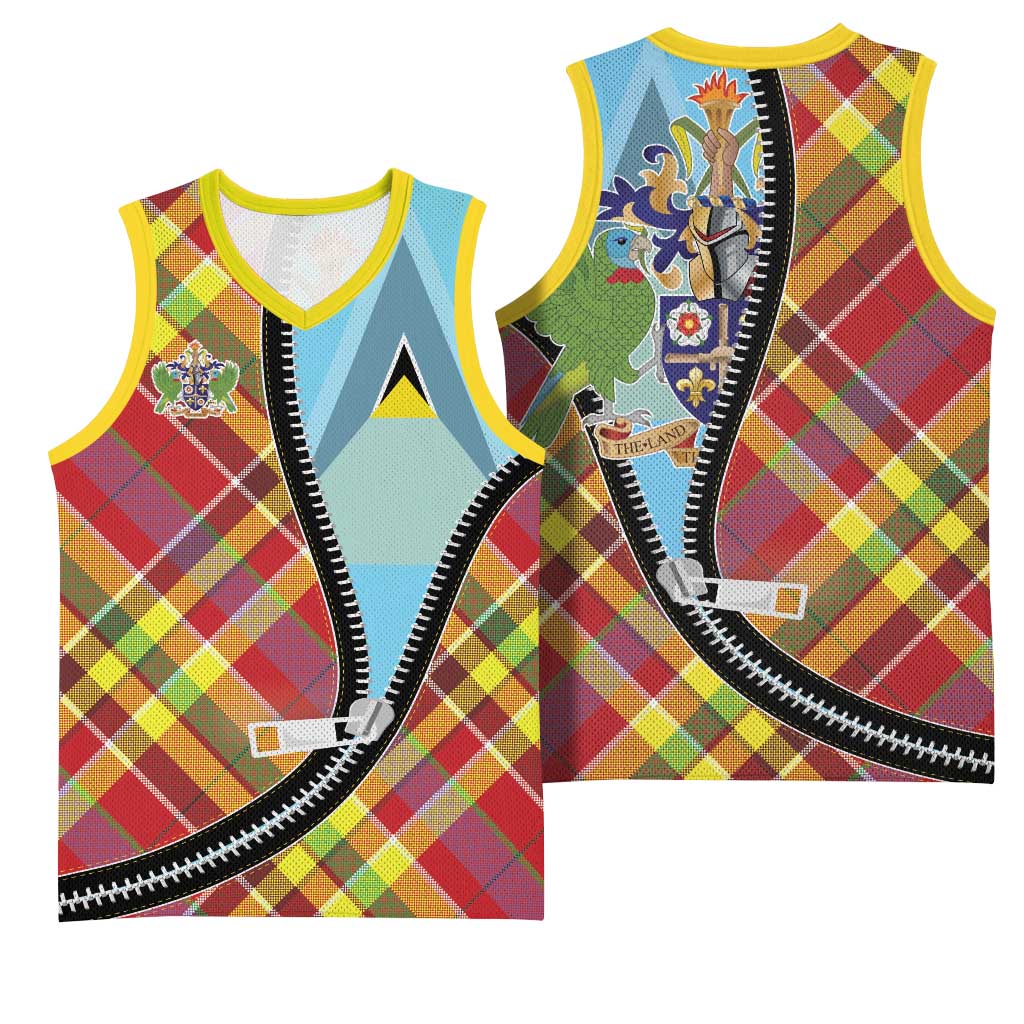 Saint Lucia Creole Day Basketball Jersey Madras Pattern Zipper Stylized - Wonder Print Shop