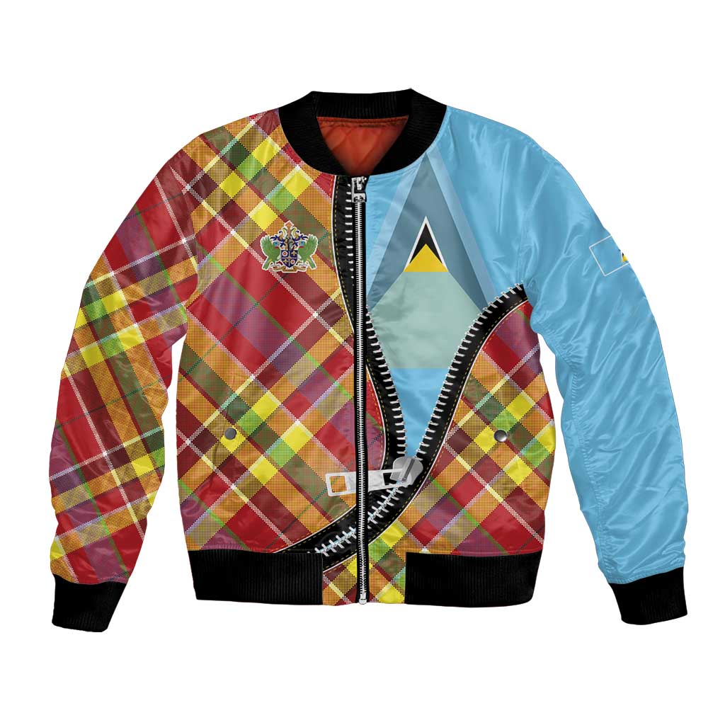 Saint Lucia Creole Day Bomber Jacket Madras Pattern Zipper Stylized - Wonder Print Shop