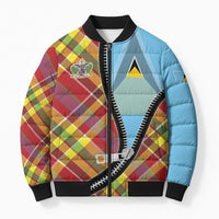 Saint Lucia Creole Day Bomber Puffer Jacket Madras Pattern Zipper Stylized - Wonder Print Shop