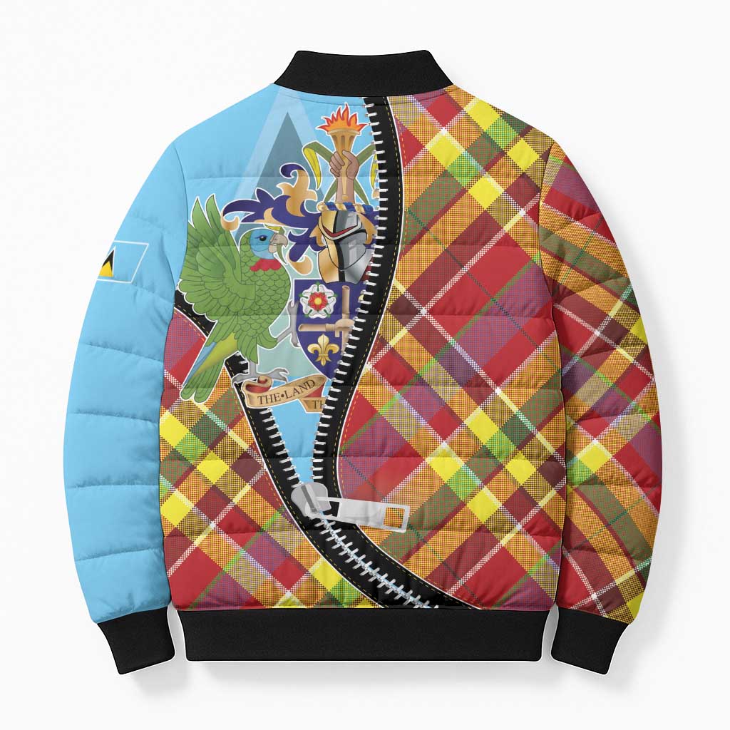 Saint Lucia Creole Day Bomber Puffer Jacket Madras Pattern Zipper Stylized - Wonder Print Shop