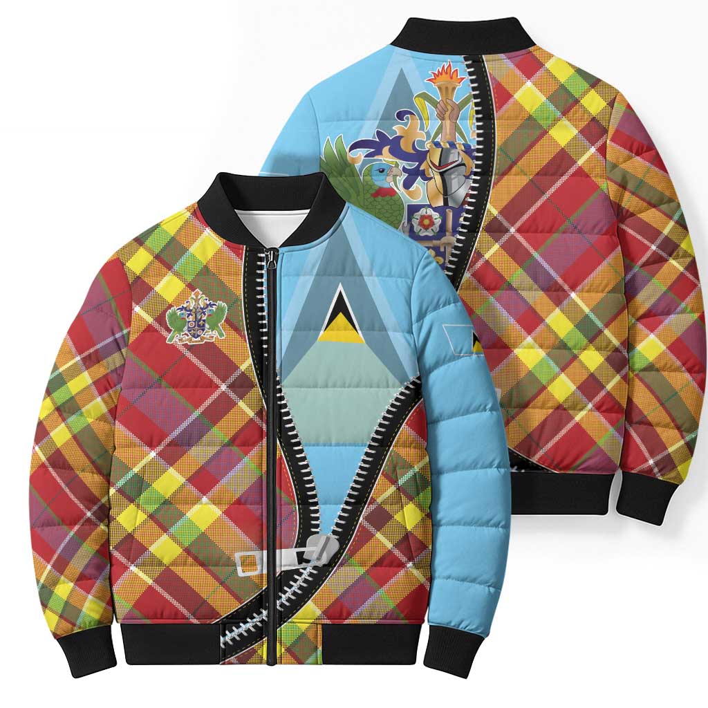 Saint Lucia Creole Day Bomber Puffer Jacket Madras Pattern Zipper Stylized - Wonder Print Shop