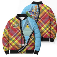Saint Lucia Creole Day Bomber Puffer Jacket Madras Pattern Zipper Stylized - Wonder Print Shop