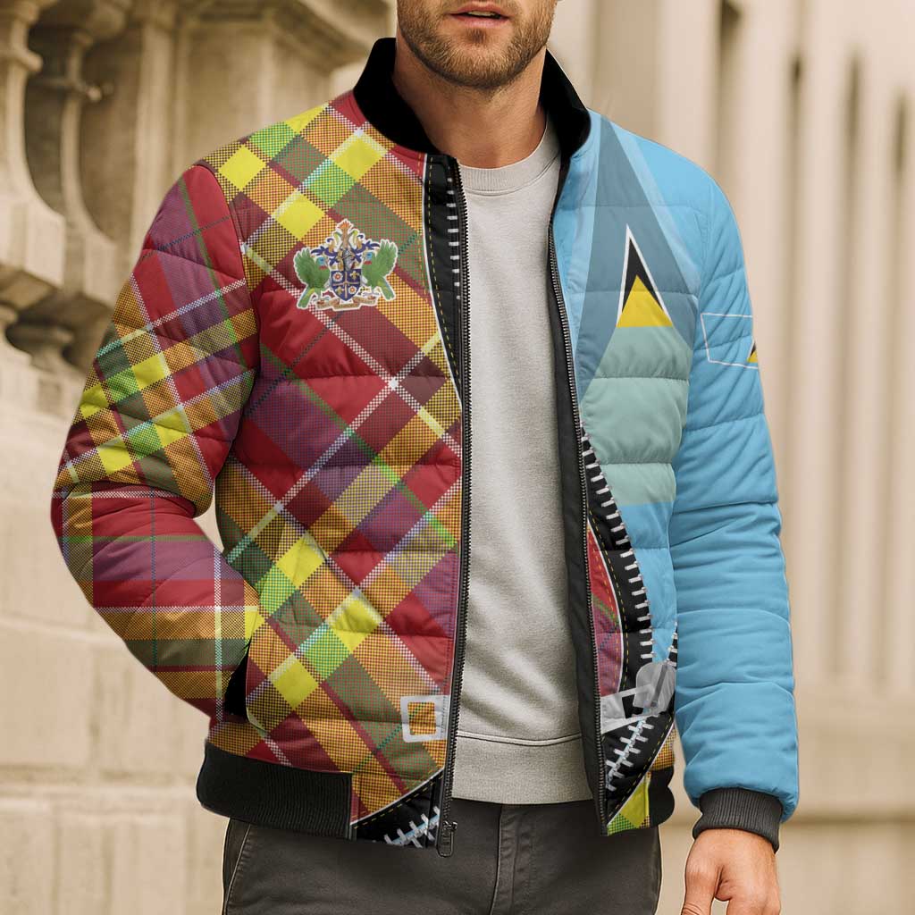 Saint Lucia Creole Day Bomber Puffer Jacket Madras Pattern Zipper Stylized - Wonder Print Shop