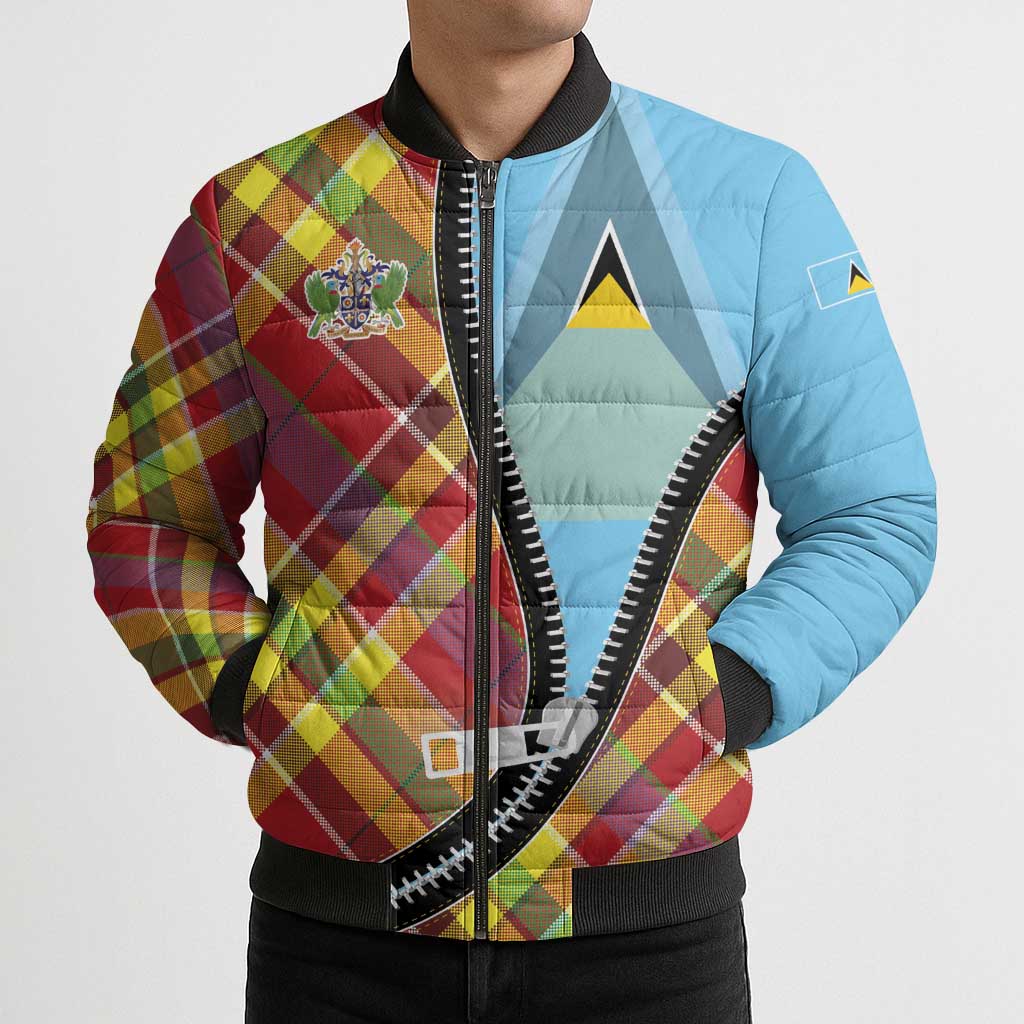 Saint Lucia Creole Day Bomber Puffer Jacket Madras Pattern Zipper Stylized - Wonder Print Shop