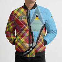 Saint Lucia Creole Day Bomber Puffer Jacket Madras Pattern Zipper Stylized - Wonder Print Shop