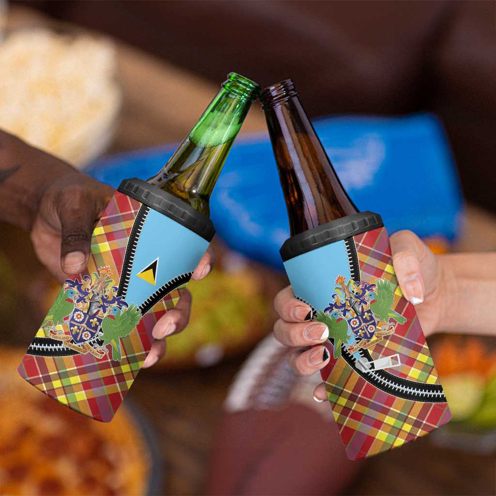 Saint Lucia Creole Day 4 in 1 Can Cooler Tumbler Madras Pattern Zipper Stylized - Wonder Print Shop