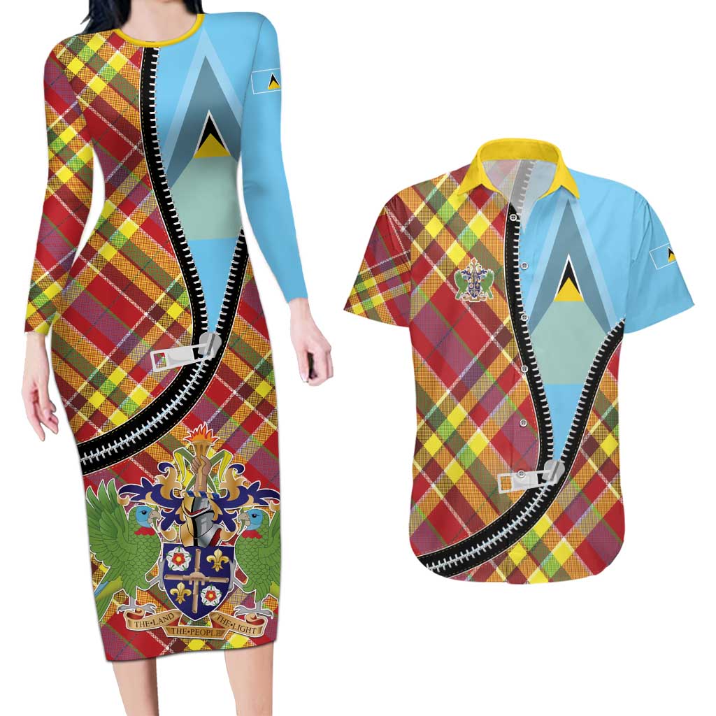 Saint Lucia Creole Day Couples Matching Long Sleeve Bodycon Dress and Hawaiian Shirt Madras Pattern Zipper Stylized - Wonder Print Shop