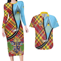 Saint Lucia Creole Day Couples Matching Long Sleeve Bodycon Dress and Hawaiian Shirt Madras Pattern Zipper Stylized - Wonder Print Shop