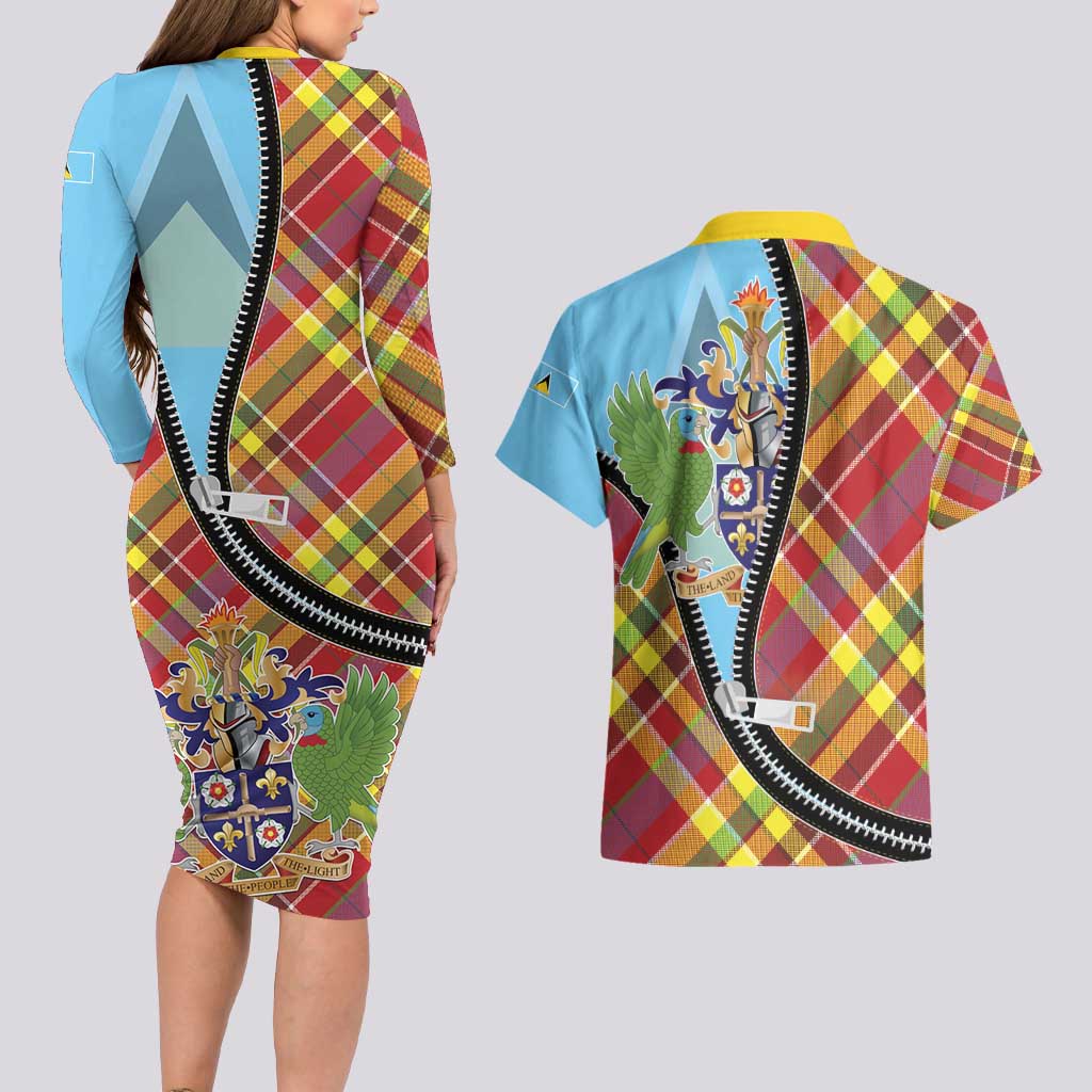 Saint Lucia Creole Day Couples Matching Long Sleeve Bodycon Dress and Hawaiian Shirt Madras Pattern Zipper Stylized - Wonder Print Shop