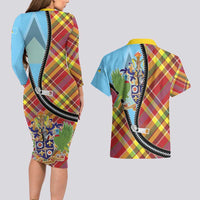 Saint Lucia Creole Day Couples Matching Long Sleeve Bodycon Dress and Hawaiian Shirt Madras Pattern Zipper Stylized - Wonder Print Shop