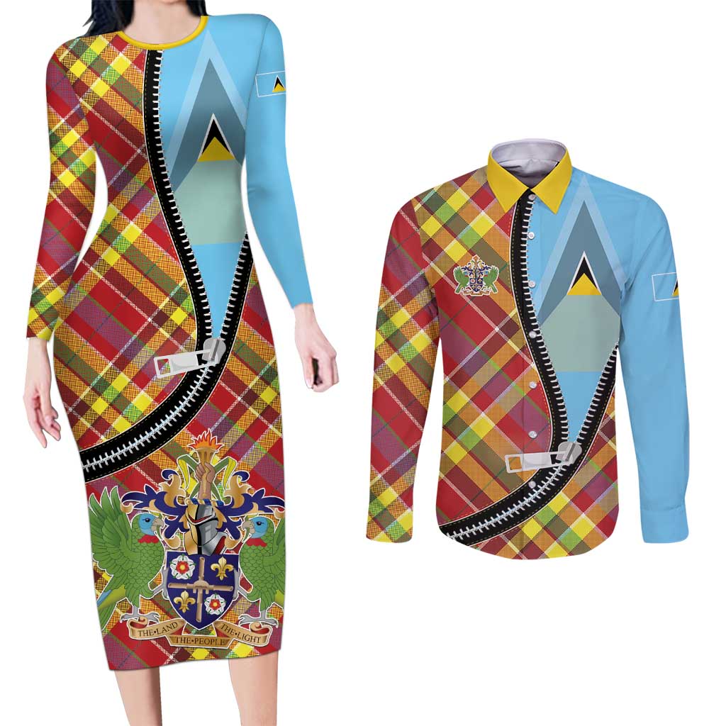Saint Lucia Creole Day Couples Matching Long Sleeve Bodycon Dress and Long Sleeve Button Shirt Madras Pattern Zipper Stylized - Wonder Print Shop