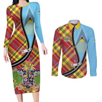 Saint Lucia Creole Day Couples Matching Long Sleeve Bodycon Dress and Long Sleeve Button Shirt Madras Pattern Zipper Stylized - Wonder Print Shop