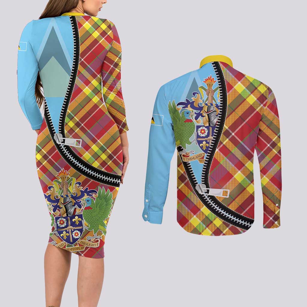 Saint Lucia Creole Day Couples Matching Long Sleeve Bodycon Dress and Long Sleeve Button Shirt Madras Pattern Zipper Stylized - Wonder Print Shop