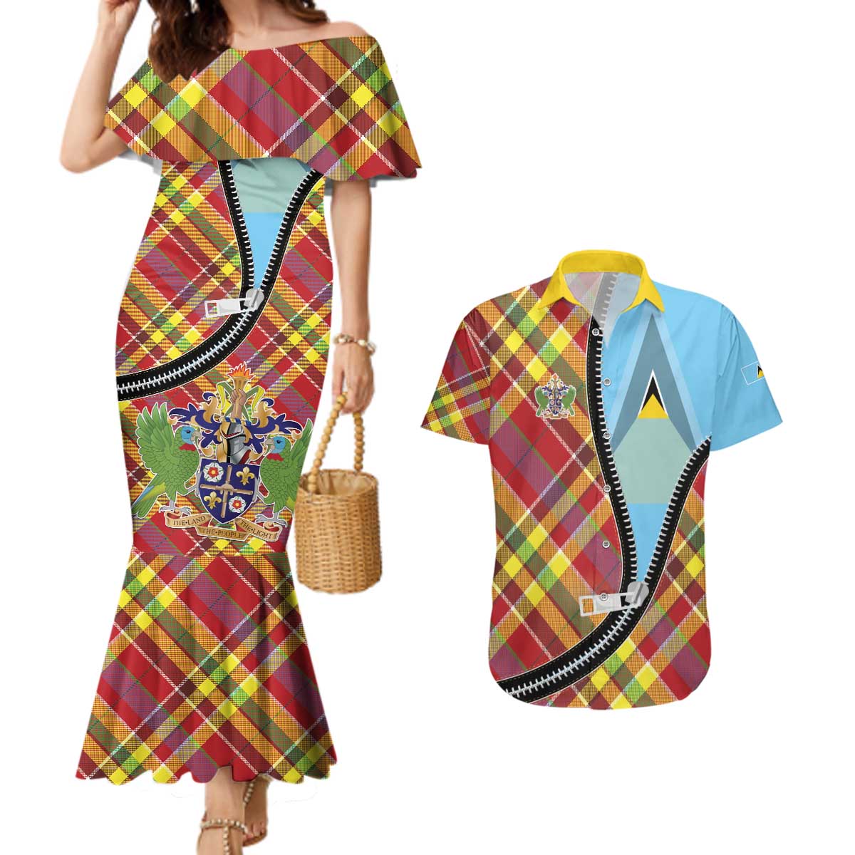 Saint Lucia Creole Day Couples Matching Mermaid Dress and Hawaiian Shirt Madras Pattern Zipper Stylized - Wonder Print Shop