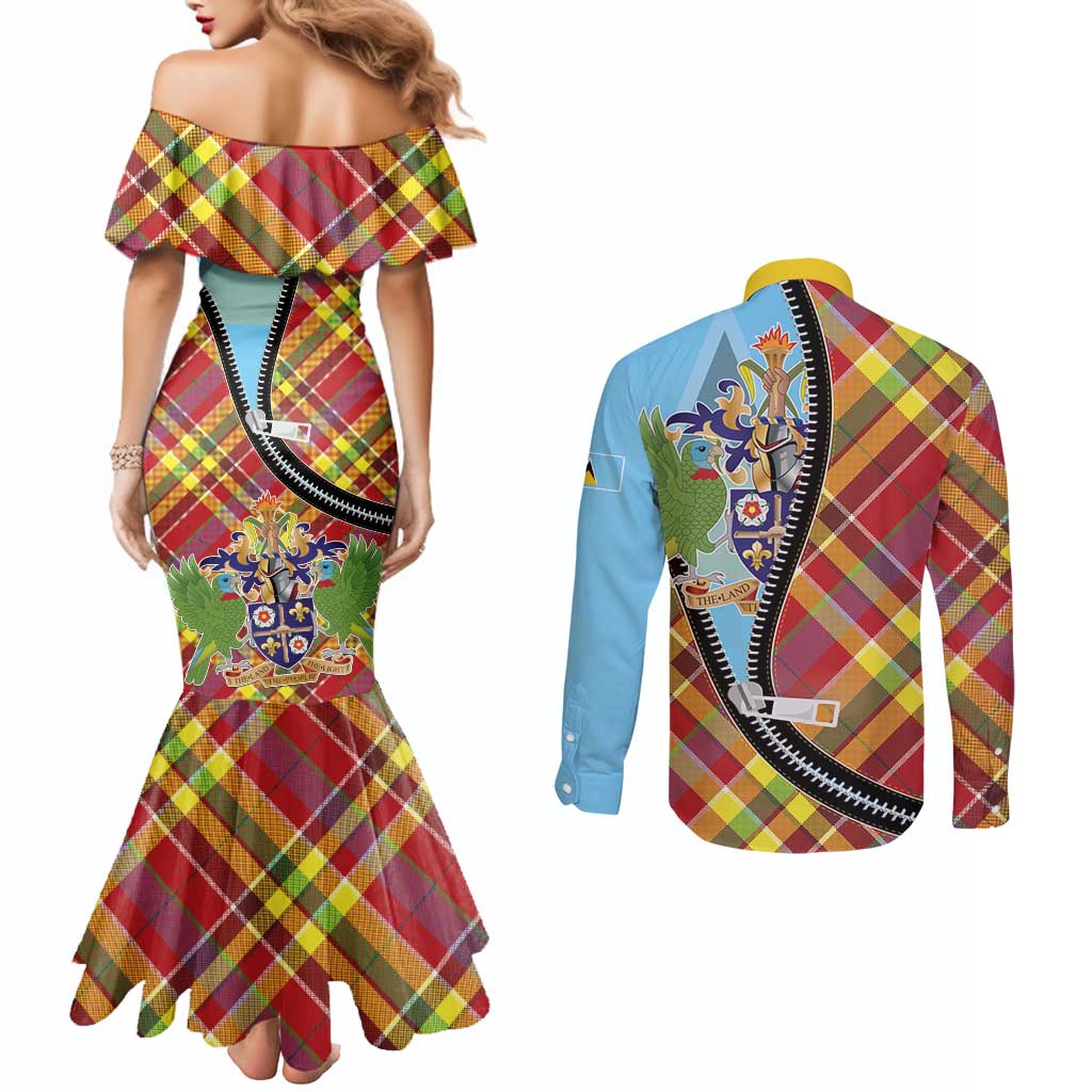 Saint Lucia Creole Day Couples Matching Mermaid Dress and Long Sleeve Button Shirt Madras Pattern Zipper Stylized - Wonder Print Shop