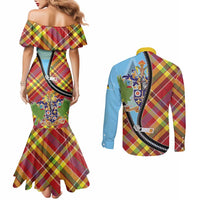 Saint Lucia Creole Day Couples Matching Mermaid Dress and Long Sleeve Button Shirt Madras Pattern Zipper Stylized - Wonder Print Shop