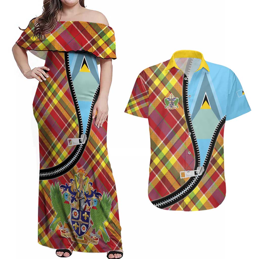 Saint Lucia Creole Day Couples Matching Off Shoulder Maxi Dress and Hawaiian Shirt Madras Pattern Zipper Stylized - Wonder Print Shop