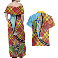 Saint Lucia Creole Day Couples Matching Off Shoulder Maxi Dress and Hawaiian Shirt Madras Pattern Zipper Stylized - Wonder Print Shop