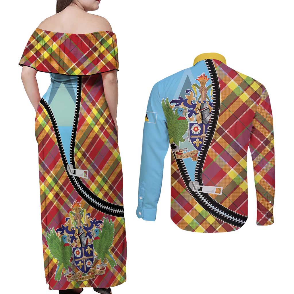 Saint Lucia Creole Day Couples Matching Off Shoulder Maxi Dress and Long Sleeve Button Shirt Madras Pattern Zipper Stylized - Wonder Print Shop