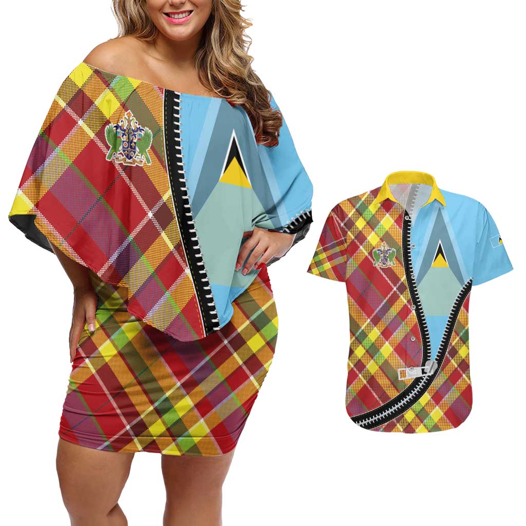 Saint Lucia Creole Day Couples Matching Off Shoulder Short Dress and Hawaiian Shirt Madras Pattern Zipper Stylized - Wonder Print Shop