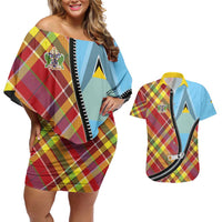 Saint Lucia Creole Day Couples Matching Off Shoulder Short Dress and Hawaiian Shirt Madras Pattern Zipper Stylized - Wonder Print Shop