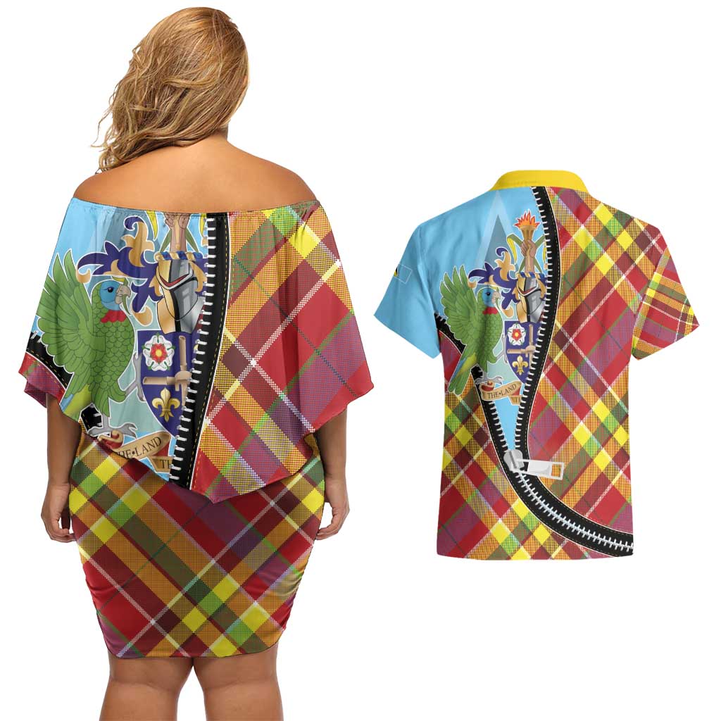 Saint Lucia Creole Day Couples Matching Off Shoulder Short Dress and Hawaiian Shirt Madras Pattern Zipper Stylized - Wonder Print Shop