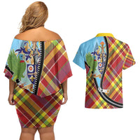 Saint Lucia Creole Day Couples Matching Off Shoulder Short Dress and Hawaiian Shirt Madras Pattern Zipper Stylized - Wonder Print Shop