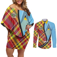 Saint Lucia Creole Day Couples Matching Off Shoulder Short Dress and Long Sleeve Button Shirt Madras Pattern Zipper Stylized - Wonder Print Shop