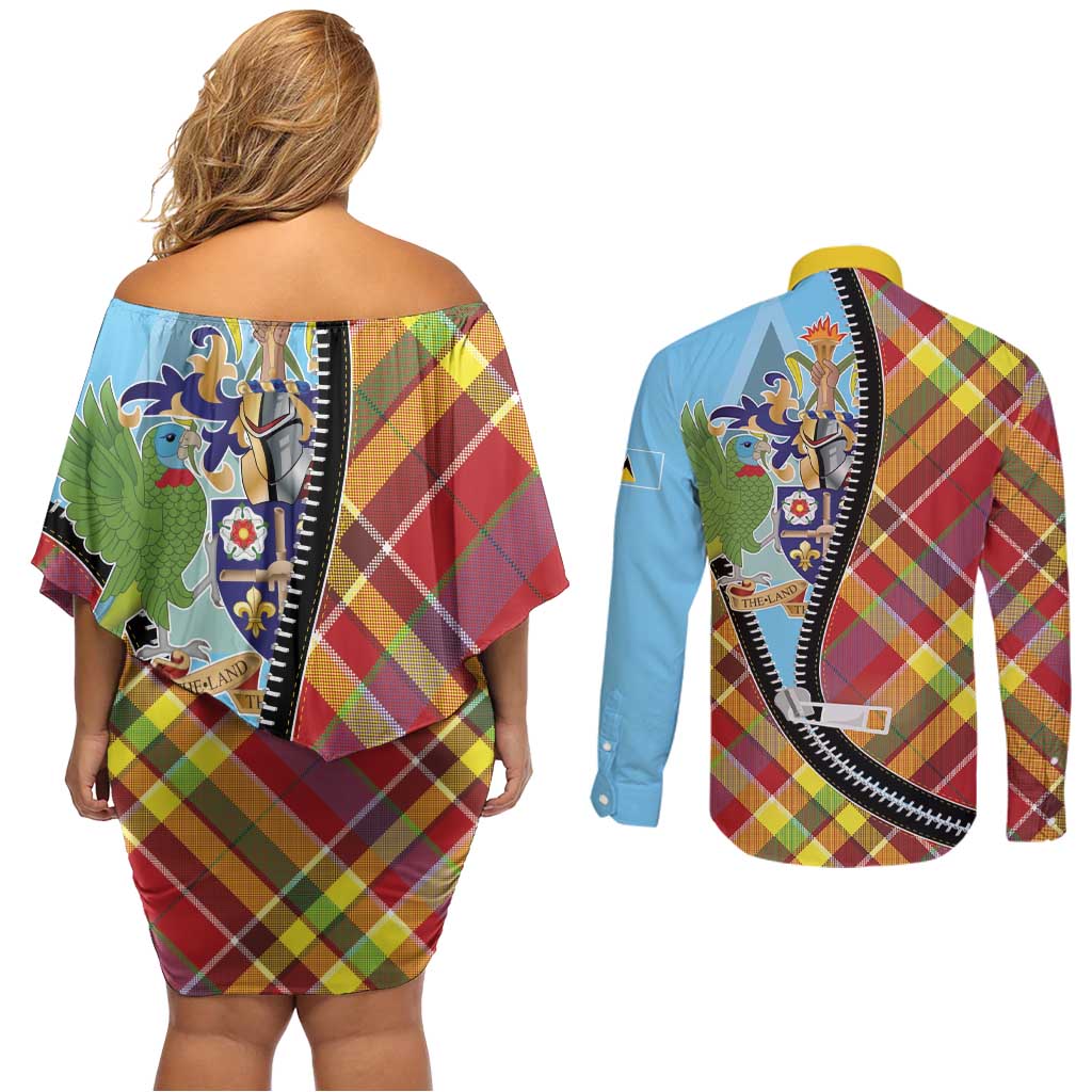 Saint Lucia Creole Day Couples Matching Off Shoulder Short Dress and Long Sleeve Button Shirt Madras Pattern Zipper Stylized - Wonder Print Shop