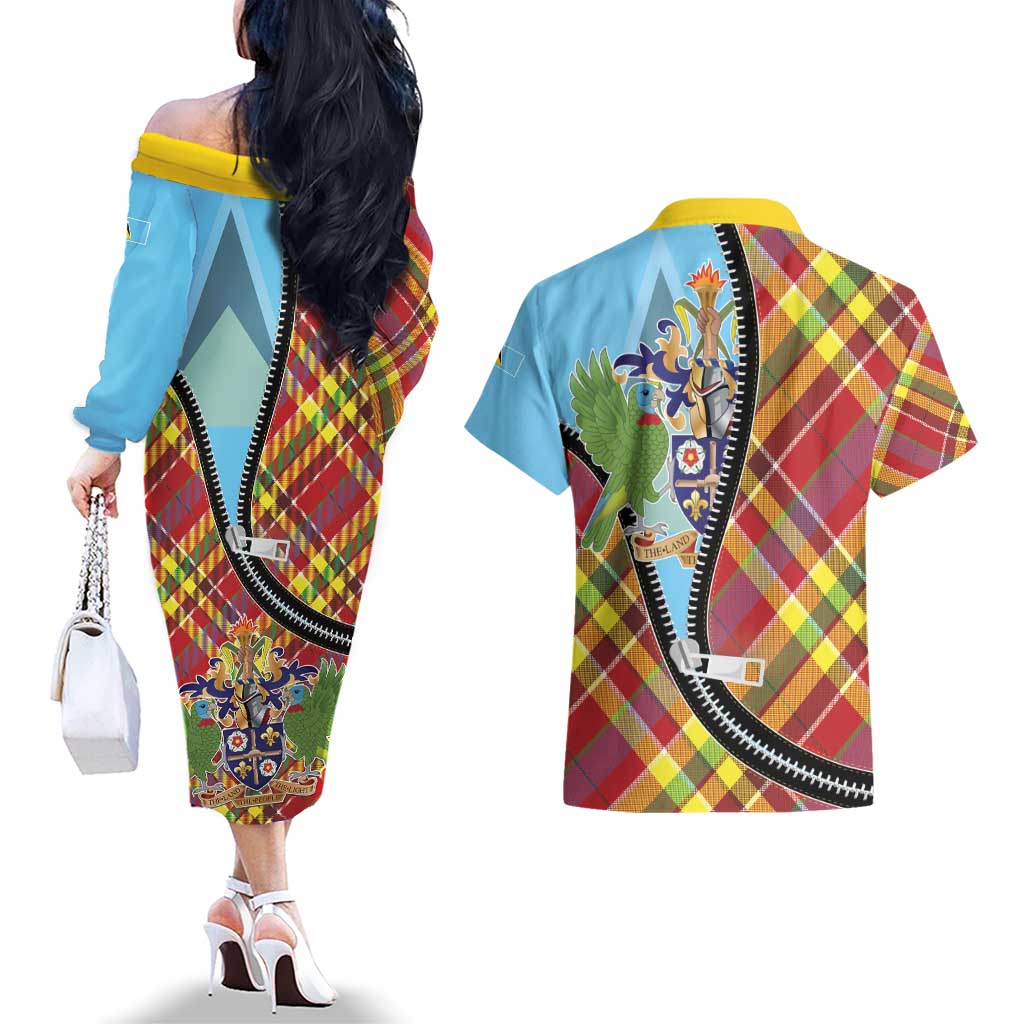 Saint Lucia Creole Day Couples Matching Off The Shoulder Long Sleeve Dress and Hawaiian Shirt Madras Pattern Zipper Stylized - Wonder Print Shop