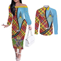 Saint Lucia Creole Day Couples Matching Off The Shoulder Long Sleeve Dress and Long Sleeve Button Shirt Madras Pattern Zipper Stylized - Wonder Print Shop