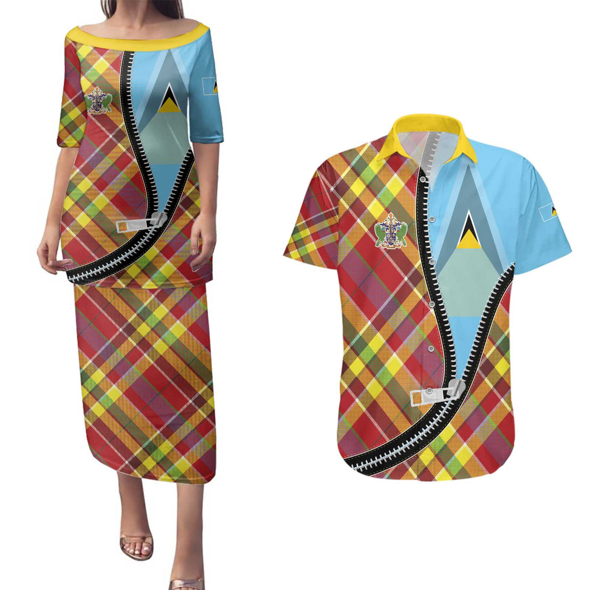 Saint Lucia Creole Day Couples Matching Puletasi and Hawaiian Shirt Madras Pattern Zipper Stylized - Wonder Print Shop