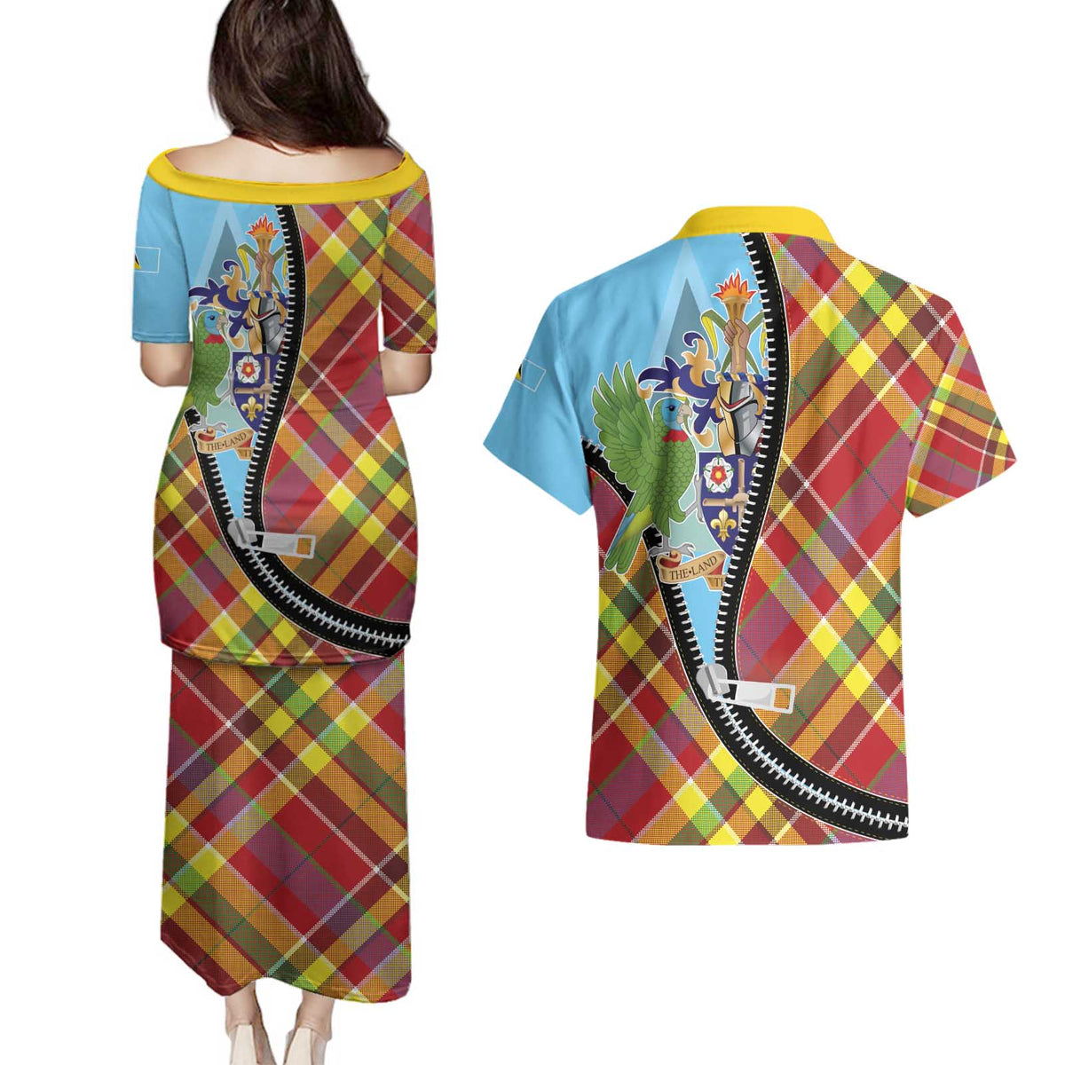Saint Lucia Creole Day Couples Matching Puletasi and Hawaiian Shirt Madras Pattern Zipper Stylized - Wonder Print Shop
