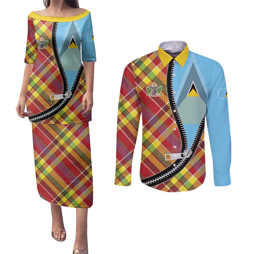Saint Lucia Creole Day Couples Matching Puletasi and Long Sleeve Button Shirt Madras Pattern Zipper Stylized - Wonder Print Shop