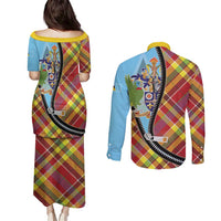 Saint Lucia Creole Day Couples Matching Puletasi and Long Sleeve Button Shirt Madras Pattern Zipper Stylized - Wonder Print Shop