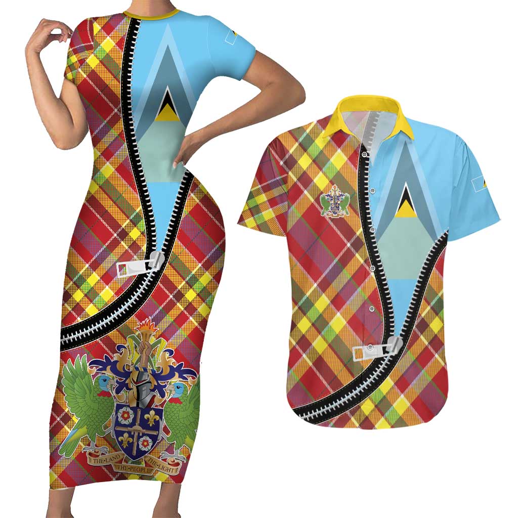 Saint Lucia Creole Day Couples Matching Short Sleeve Bodycon Dress and Hawaiian Shirt Madras Pattern Zipper Stylized - Wonder Print Shop