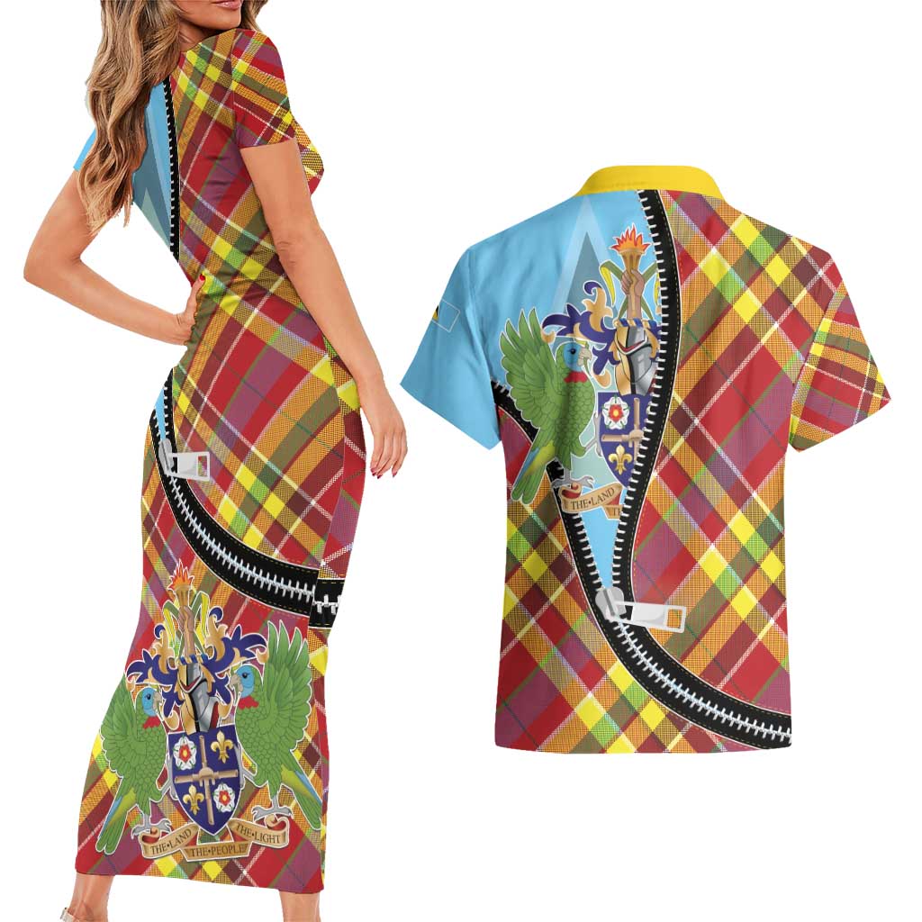Saint Lucia Creole Day Couples Matching Short Sleeve Bodycon Dress and Hawaiian Shirt Madras Pattern Zipper Stylized - Wonder Print Shop