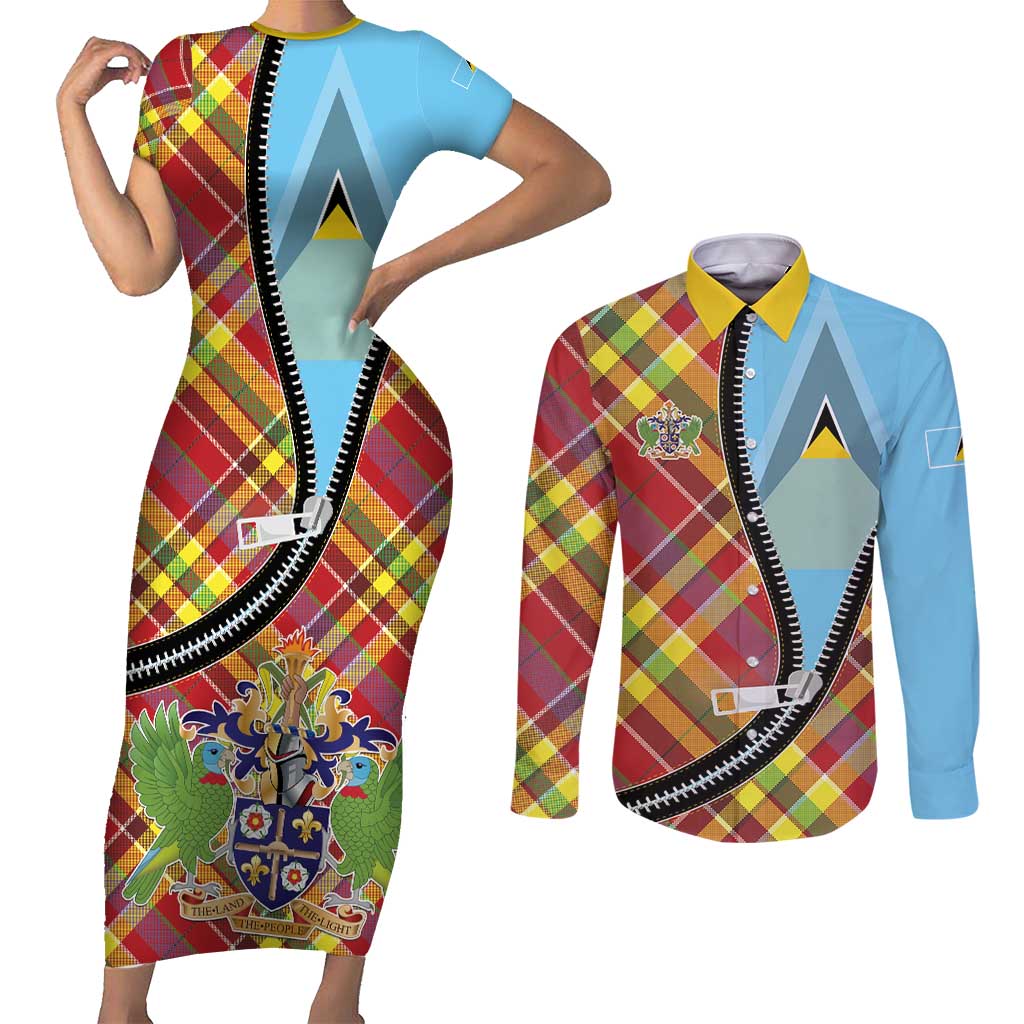 Saint Lucia Creole Day Couples Matching Short Sleeve Bodycon Dress and Long Sleeve Button Shirt Madras Pattern Zipper Stylized - Wonder Print Shop