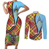 Saint Lucia Creole Day Couples Matching Short Sleeve Bodycon Dress and Long Sleeve Button Shirt Madras Pattern Zipper Stylized - Wonder Print Shop
