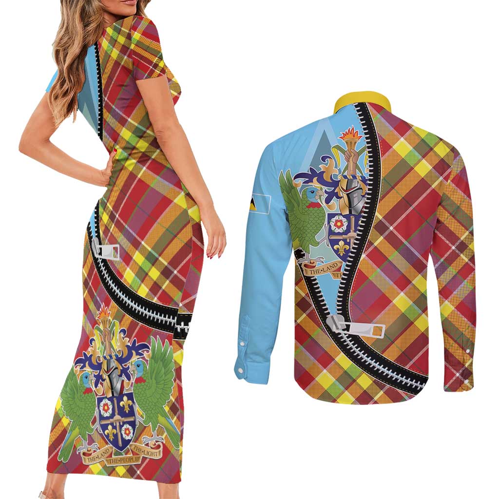 Saint Lucia Creole Day Couples Matching Short Sleeve Bodycon Dress and Long Sleeve Button Shirt Madras Pattern Zipper Stylized - Wonder Print Shop