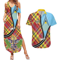 Saint Lucia Creole Day Couples Matching Summer Maxi Dress and Hawaiian Shirt Madras Pattern Zipper Stylized - Wonder Print Shop