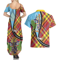 Saint Lucia Creole Day Couples Matching Summer Maxi Dress and Hawaiian Shirt Madras Pattern Zipper Stylized - Wonder Print Shop