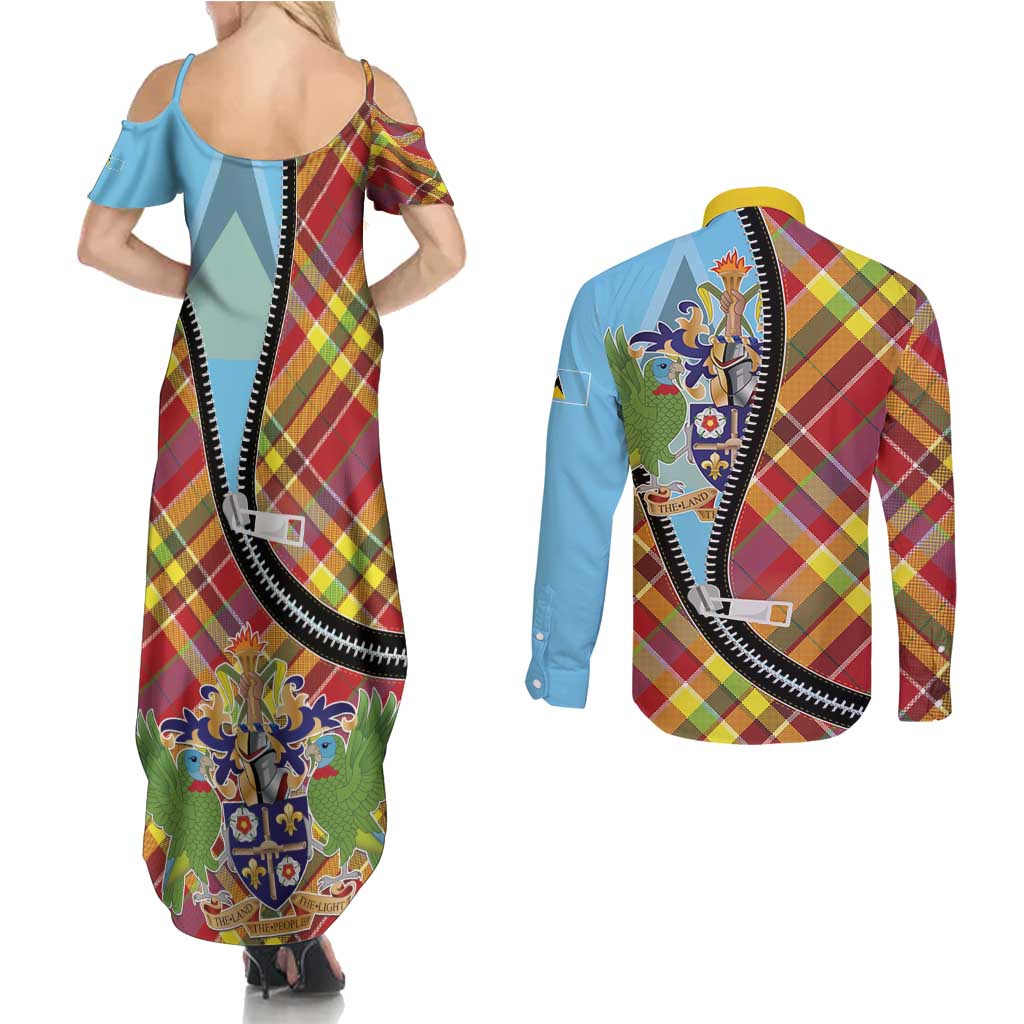 Saint Lucia Creole Day Couples Matching Summer Maxi Dress and Long Sleeve Button Shirt Madras Pattern Zipper Stylized - Wonder Print Shop