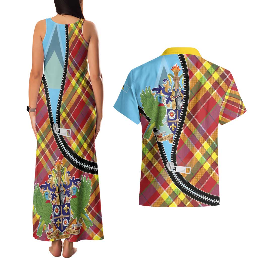 Saint Lucia Creole Day Couples Matching Tank Maxi Dress and Hawaiian Shirt Madras Pattern Zipper Stylized - Wonder Print Shop