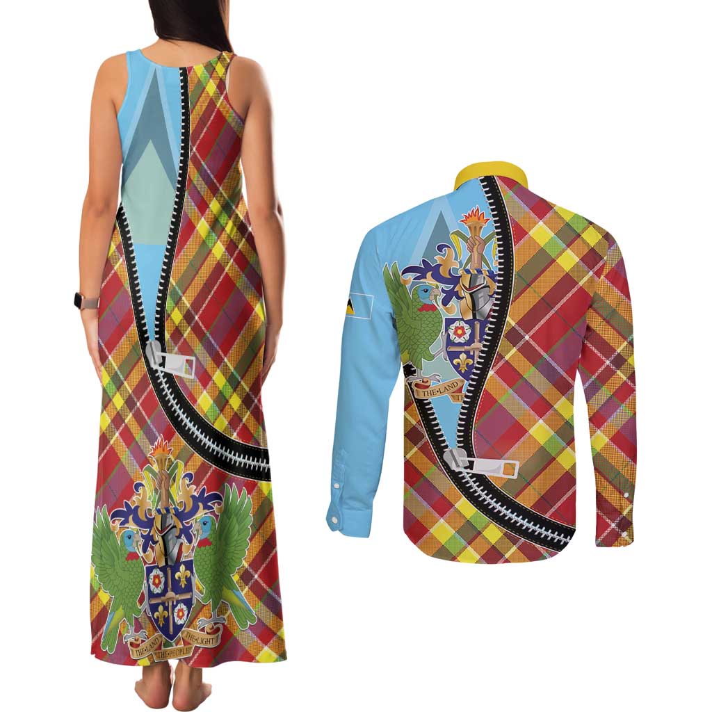 Saint Lucia Creole Day Couples Matching Tank Maxi Dress and Long Sleeve Button Shirt Madras Pattern Zipper Stylized - Wonder Print Shop