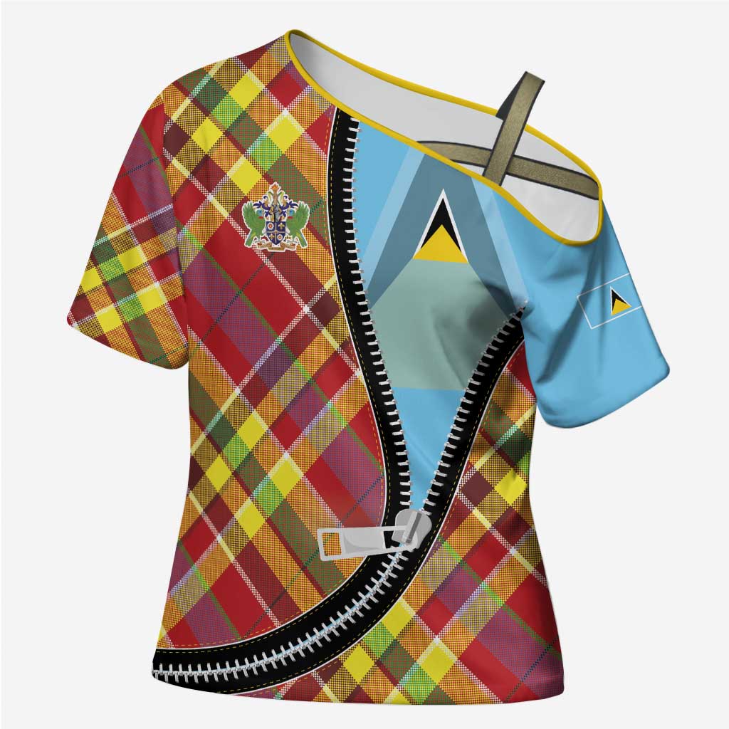 Saint Lucia Creole Day Cross Shoulder Shirt Madras Pattern Zipper Stylized - Wonder Print Shop