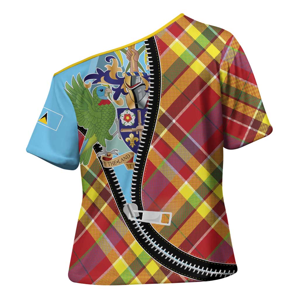 Saint Lucia Creole Day Cross Shoulder Shirt Madras Pattern Zipper Stylized - Wonder Print Shop