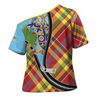 Saint Lucia Creole Day Cross Shoulder Shirt Madras Pattern Zipper Stylized - Wonder Print Shop