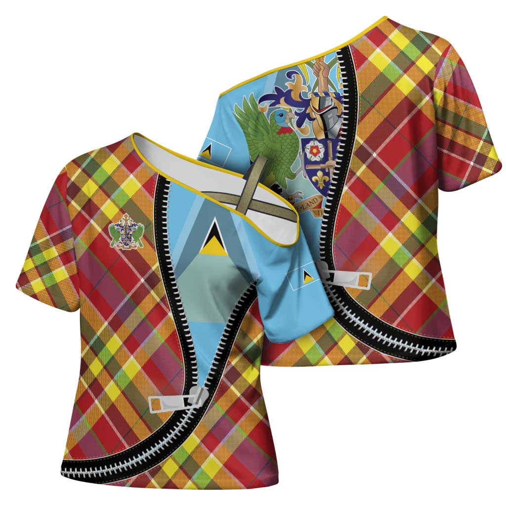 Saint Lucia Creole Day Cross Shoulder Shirt Madras Pattern Zipper Stylized - Wonder Print Shop